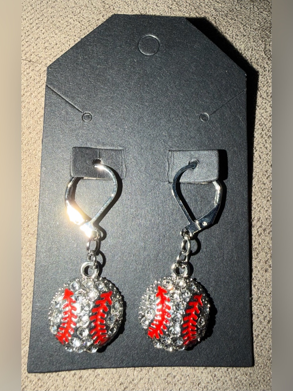 Beautiful Clear Crystal Baseball with Red Stitches Drop Earrings - Picture 2 of 2